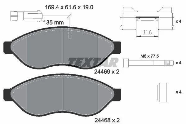 Комплект гальмівних колодок передн, CITROEN JUMPER III FIAT DUCATO OPEL MOVANO C PEUGEOT BOXER 2.0D-Electric 04.06- TEXTAR 2446902 (фото 1)