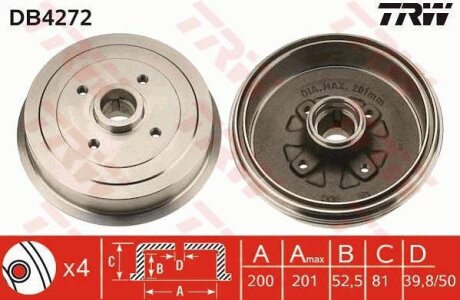 Гальмівний барабан задн CHEVROLET LANOS DAEWOO ARANOS, ESPERO, LANOS, NUBIRA, PRINCE FSO LANOS ZAZ CHANCE 1.3-2.0 08.93- TRW DB4272