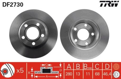 Тормозной диск передний невентилируемый TRW DF2730