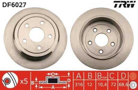 Тормозной диск задний невентилируемый TRW DF6027