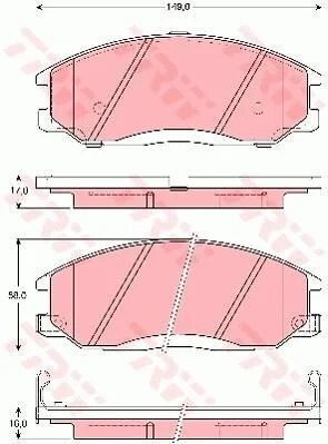 Комплект гальмівних колодок передн, HYUNDAI H-1 CARGO, SANTA FÉ I, TERRACAN, XG SSANGYONG ACTYON I, ACTYON SPORTS I, KYRON, REXTON / REXTON II 2.0D-3.5 12.98- TRW GDB3257 (фото 1)