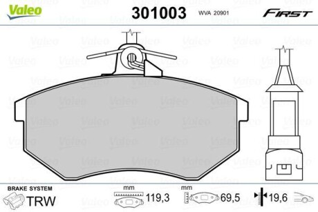 Тормозные колодки дисковые, комплект Valeo 301003