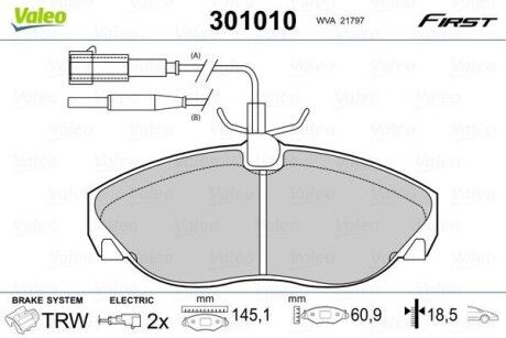 Тормозные колодки дисковые, комплект Valeo 301010