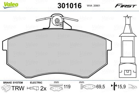 Тормозные колодки дисковые, комплект Valeo 301016