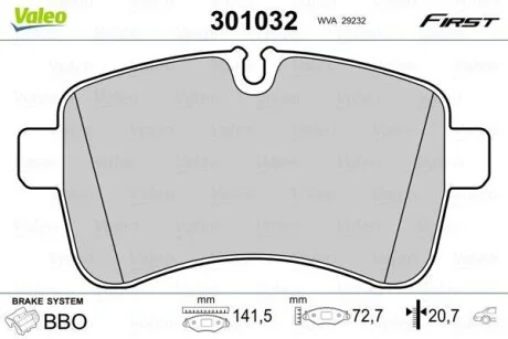 Тормозные колодки дисковые, комплект Valeo 301032