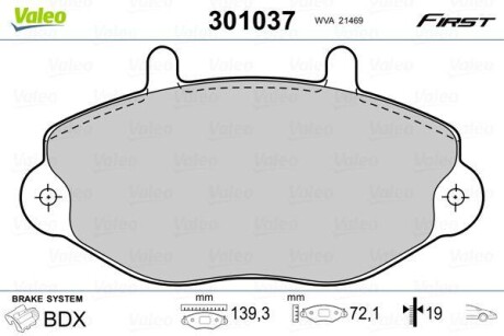 Тормозные колодки дисковые, комплект Valeo 301037