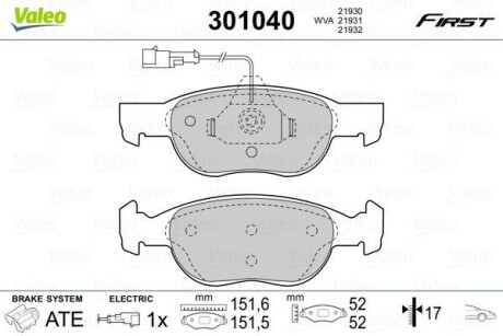 Тормозные колодки дисковые, комплект Valeo 301040