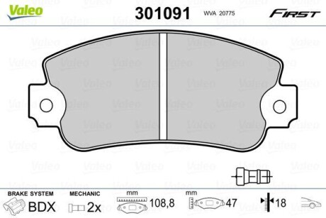 Тормозные колодки дисковые, комплект Valeo 301091