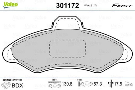 Тормозные колодки дисковые, комплект Valeo 301172