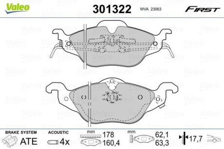 Тормозные колодки дисковые, комплект Valeo 301322