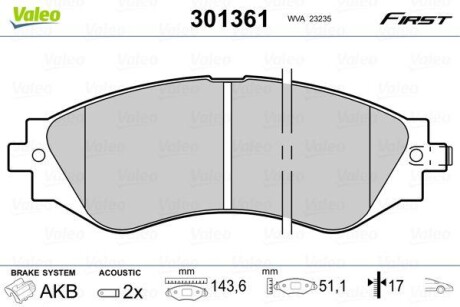 Тормозные колодки дисковые, комплект Valeo 301361