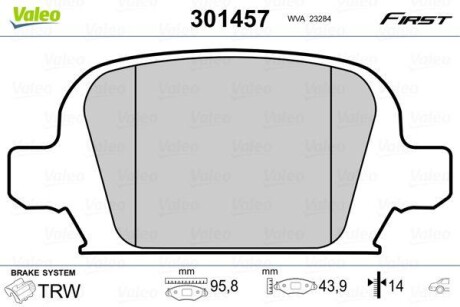 Тормозные колодки дисковые, комплект Valeo 301457