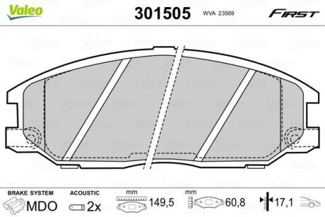 Тормозные колодки дисковые, комплект Valeo 301505