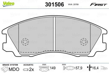 Тормозные колодки дисковые, комплект Valeo 301506