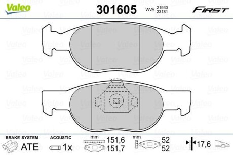 Тормозные колодки дисковые, комплект Valeo 301605