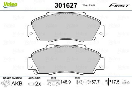 Тормозные колодки дисковые, комплект Valeo 301627