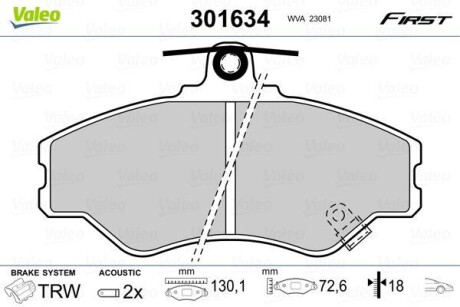 Тормозные колодки дисковые, комплект Valeo 301634