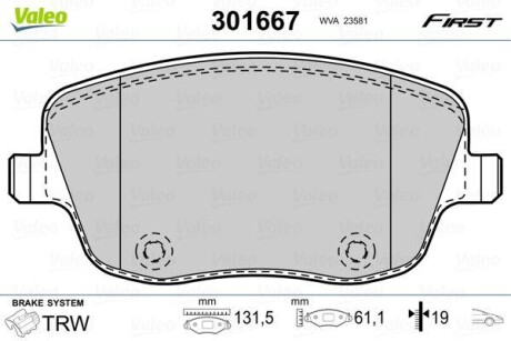 Тормозные колодки дисковые, комплект Valeo 301667