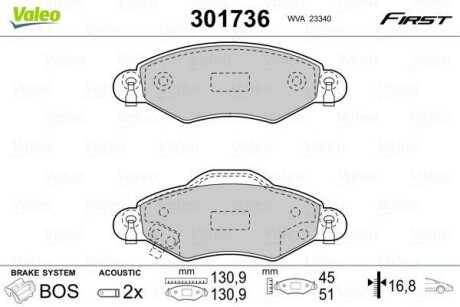 Тормозные колодки дисковые, комплект Valeo 301736