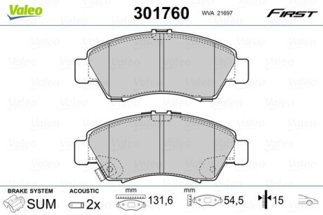 Тормозные колодки дисковые, комплект Valeo 301760