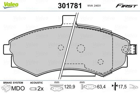 Тормозные колодки дисковые, комплект Valeo 301781