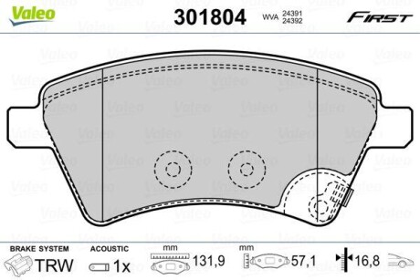 Тормозные колодки дисковые, комплект Valeo 301804