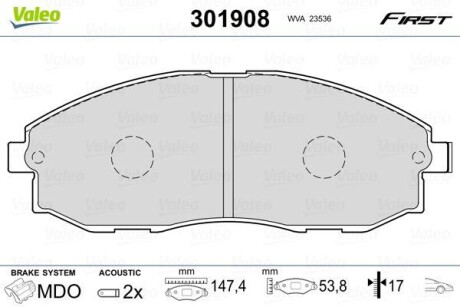 Тормозные колодки дисковые, комплект Valeo 301908