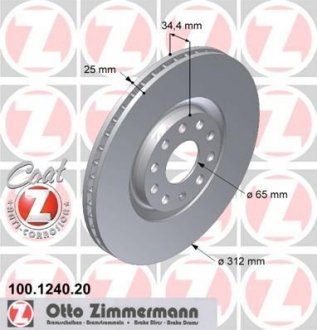 Диск гальмівний (передній) Audi A3 99-/TT 01-06/VW Golf IV 97-05/Polo 02-09 (312x25) (з покр.)(вент.) ZIMMERMANN 100.1240.20