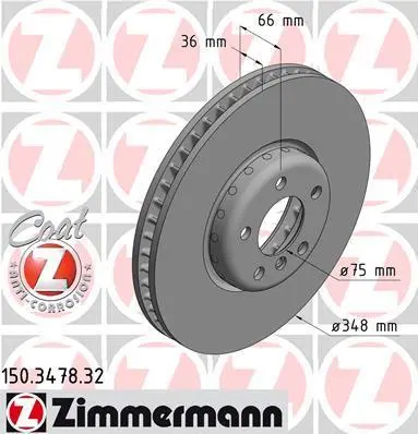 Диск гальмівний (передній) BMW 5 (F10/F11)/6 (F12/F13)/7 (F01-F04) 10- (348x36) (L)(з покр.)(вентил.) ZIMMERMANN 150.3478.32 (фото 1)