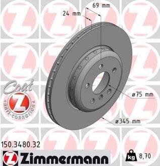 Диск гальмівний (задній) BMW 5 (F10/F11)/6 (F06/F13)/ 7 (F01-04) 09- (345x24) (з покриттям) (вент.) ZIMMERMANN 150.3480.32