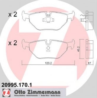 Колодки гальмівні (задні) BMW 3 (E30/E36) 82-98/5 (E34) 87-96/7 (E32) 86-94 (Ate-Teves) ZIMMERMANN 20995.170.1 (фото 1)