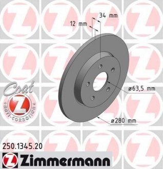 Диск гальмівний (задній) Ford Mondeo III 00-07/Jaguar X-Type 01-09 (280x12) ZIMMERMANN 250.1345.20