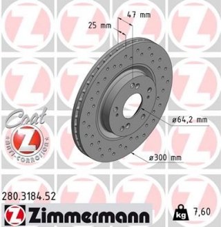 Диск гальмівний (передній) Honda Civic/CR-V 2.0/2.2 CTDi 01- (300x25) (з покриттям) (вентильований) ZIMMERMANN 280.3184.52